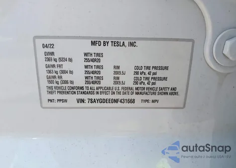 2022 Tesla Model Y Long Range Dual Motor All-Wheel Drive from USA, damaged, VIN 7SAYGDEE0NF431668